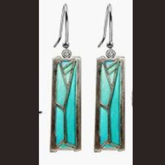 #149 Boho Rectangle Turquoise Drop Earrings - Picture 6 of 6